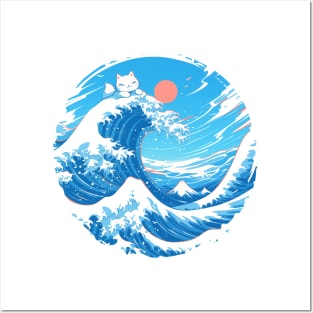 Cat riding The Great Wave off Kanagawa Posters and Art